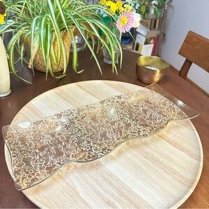 Vintage Bent Glass Hollywood Regency Serving Tray w/ Gold Floral Motif
